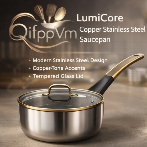 QifppVm™ LumiCore Copper Stainless Steel Saucepan – Modern Small Cooking Pot with Glass Lid