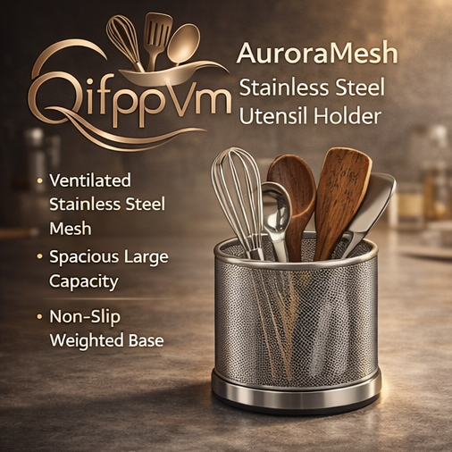 QifppVm™ AuroraMesh Stainless Steel Utensil Holder – Modern Kitchen Countertop Organizer for Cooking Tools