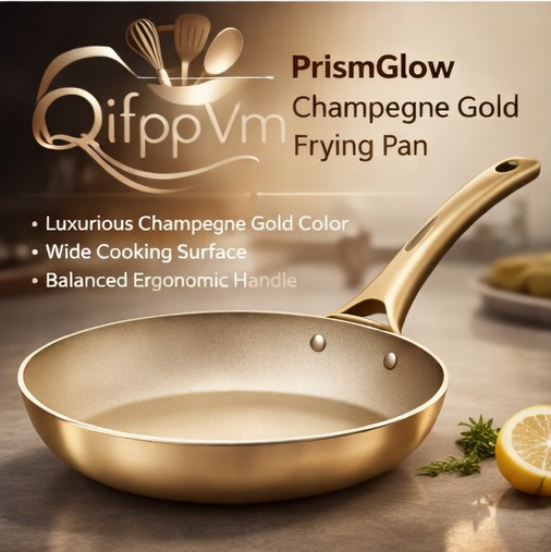 QifppVm™ PrismGlow Champagne Gold Frying Pan – Elegant Nonstick Skillet with Wide Cooking Surface