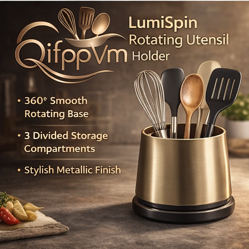 QifppVm™ LumiSpin Rotating Utensil Holder – 360° Kitchen Tool Organizer with Divided Compartments