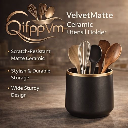 QifppVm™ VelvetMatte Ceramic Utensil Holder – Elegant Countertop Kitchen Tool Organizer