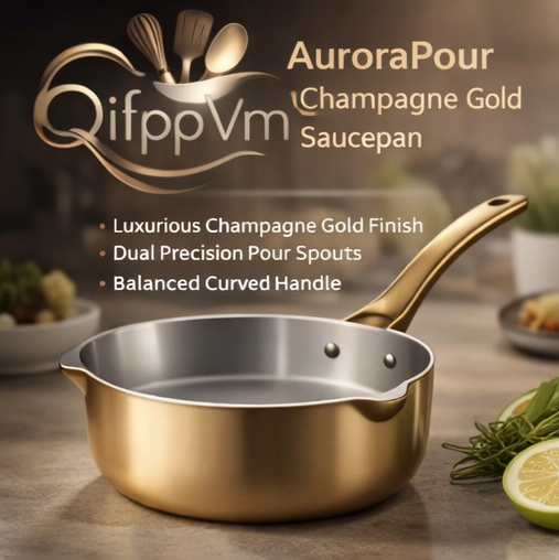 QifppVm™ AuroraPour Champagne Gold Saucepan – Luxury Small Sauce Pot with Dual Pour Spouts
