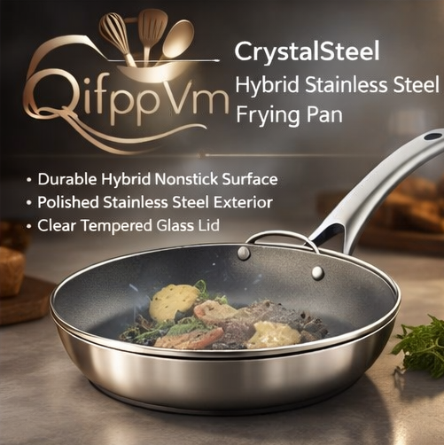 QifppVm™ CrystalSteel Hybrid Frying Pan – Stainless Steel Nonstick Skillet with Modern Glass Lid