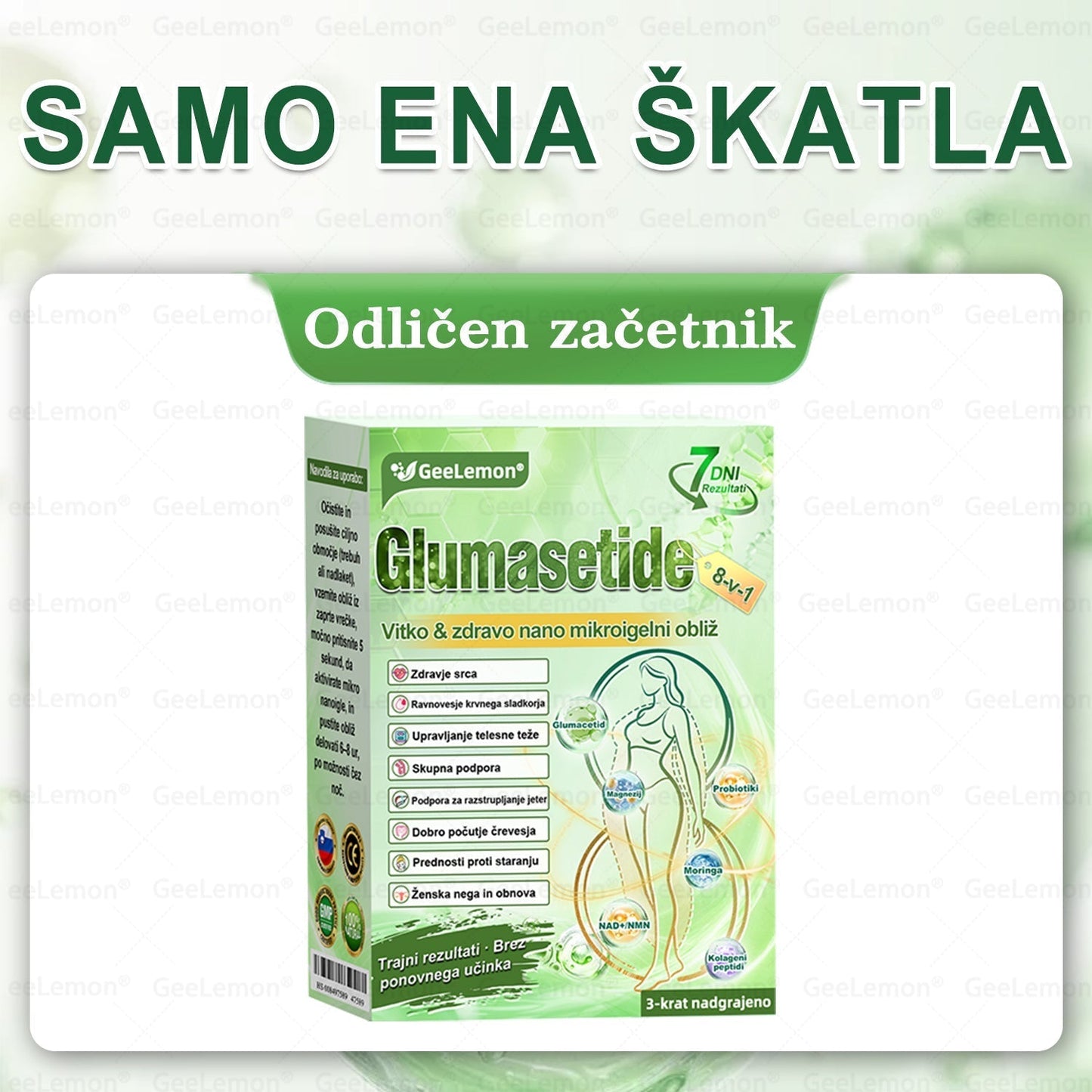 🌴Registrirano pri JAZMP in GMP certificirano👩‍⚕️🎁 𝐆𝐞𝑒𝐿𝑒𝐦𝐨𝐧® 𝐆𝐥𝐮𝐦𝐚𝐬𝐞𝐭𝐢𝐝𝐞 8 v 1 Hujševalni in zdravju namenjen nano obliž z mikroiglicami 🇸🇮 (Samo enkrat na dan, vidne spremembe že v 7 dneh) ✅